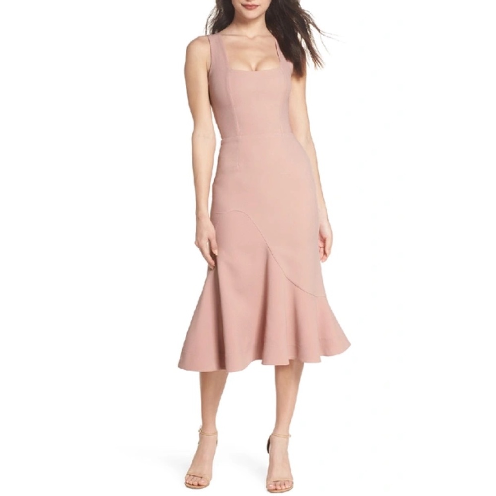 NWOT Dress the Population Monica Tea Length Trumpet Dress, Medium
